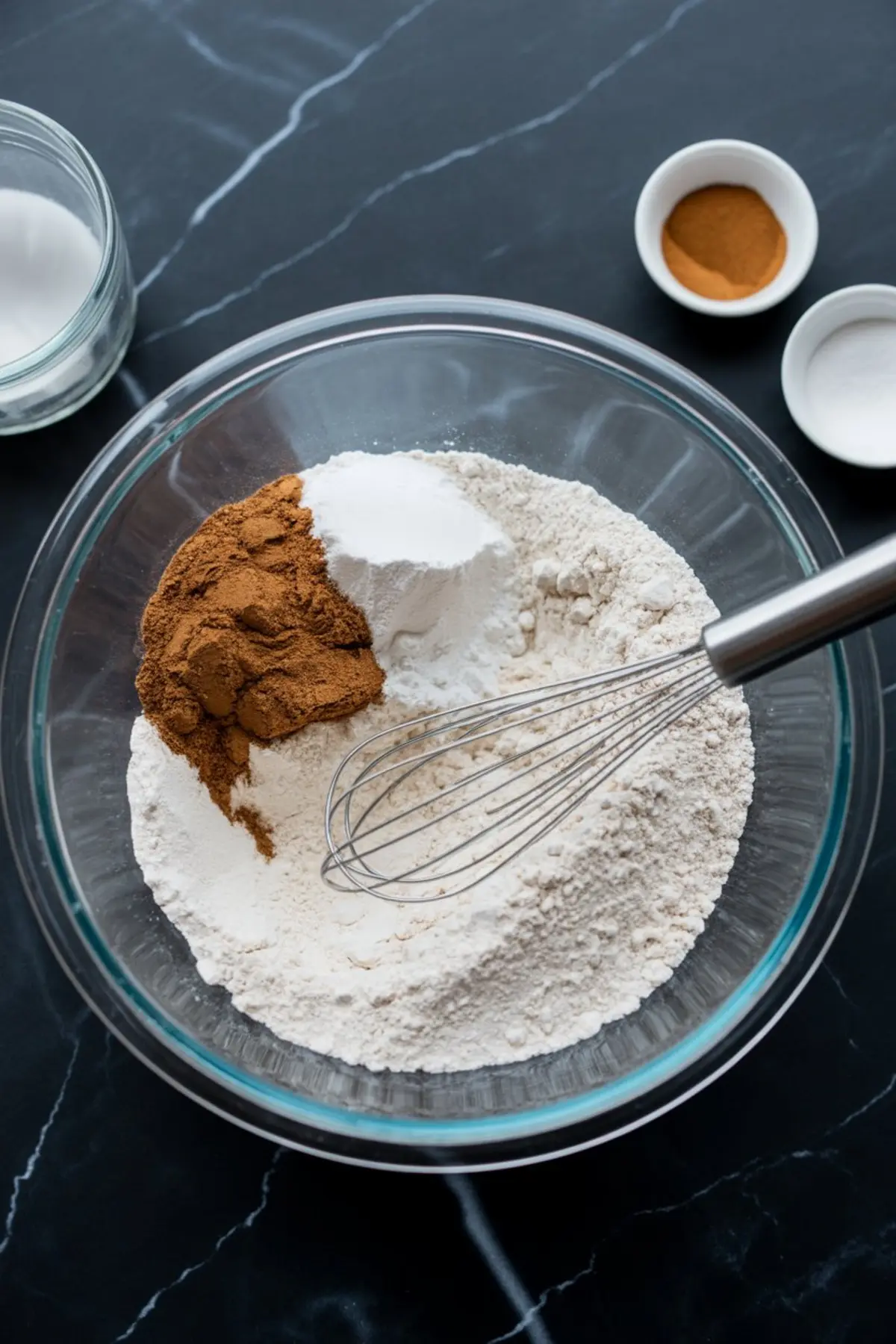 Mixing bowl with flour, ground cinnamon, and baking powder being blended with a metal whisk.