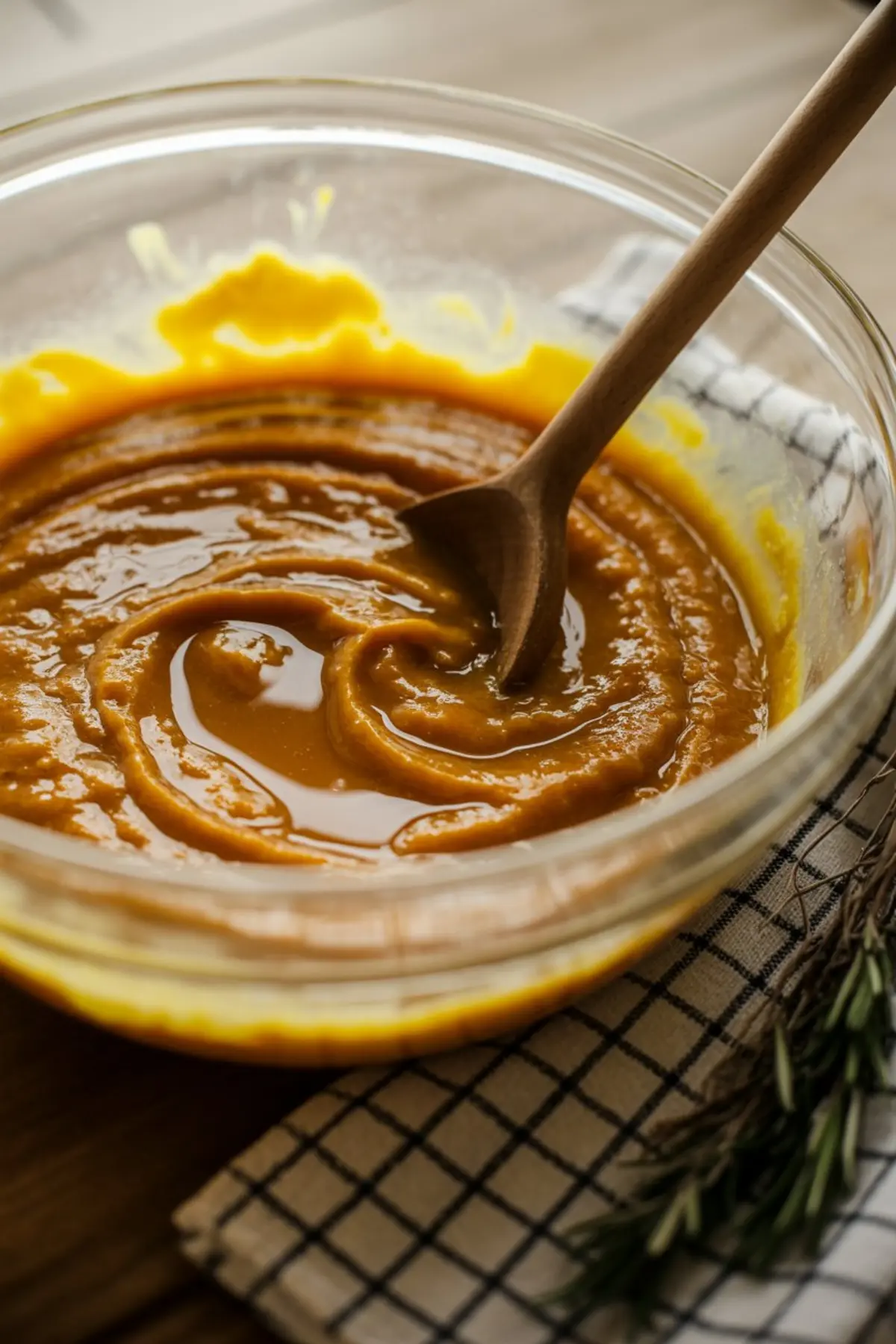 Wooden spoon stirring smooth pumpkin puree in a glass bowl on a checkered kitchen towel.