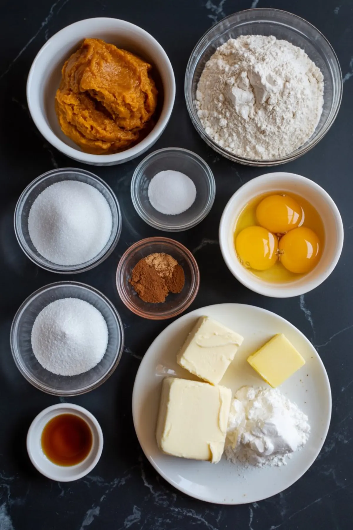 Overhead view of measured baking ingredients including pumpkin puree, flour, sugar, eggs, butter, vanilla extract, and spices.