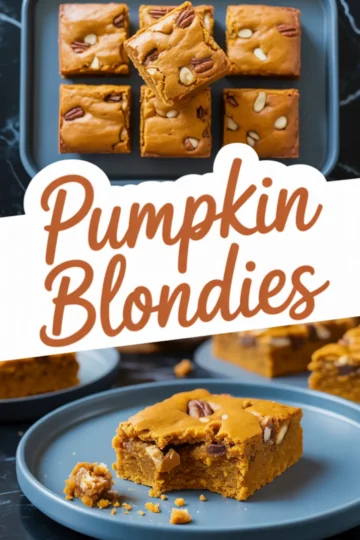 Pumpkin blondies with golden edges and a soft center displayed on blue plates and a baking tray, with nuts and chocolate chips visible, highlighted by a white “Pumpkin Blondies” text overlay.