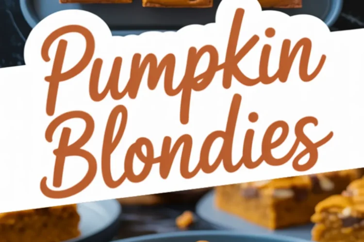 Pumpkin blondies with golden edges and a soft center displayed on blue plates and a baking tray, with nuts and chocolate chips visible, highlighted by a white “Pumpkin Blondies” text overlay.
