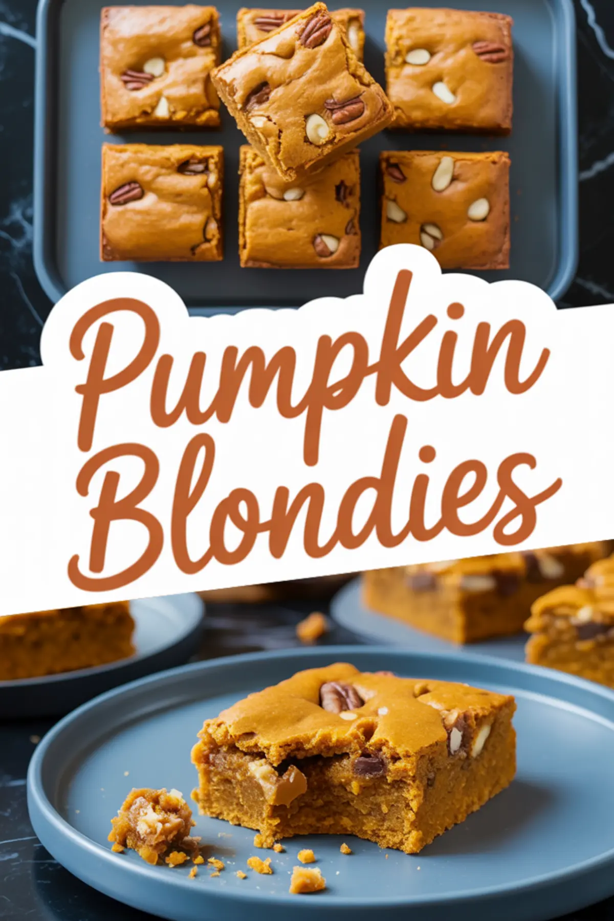 Pumpkin blondies with golden edges and a soft center displayed on blue plates and a baking tray, with nuts and chocolate chips visible, highlighted by a white “Pumpkin Blondies” text overlay.