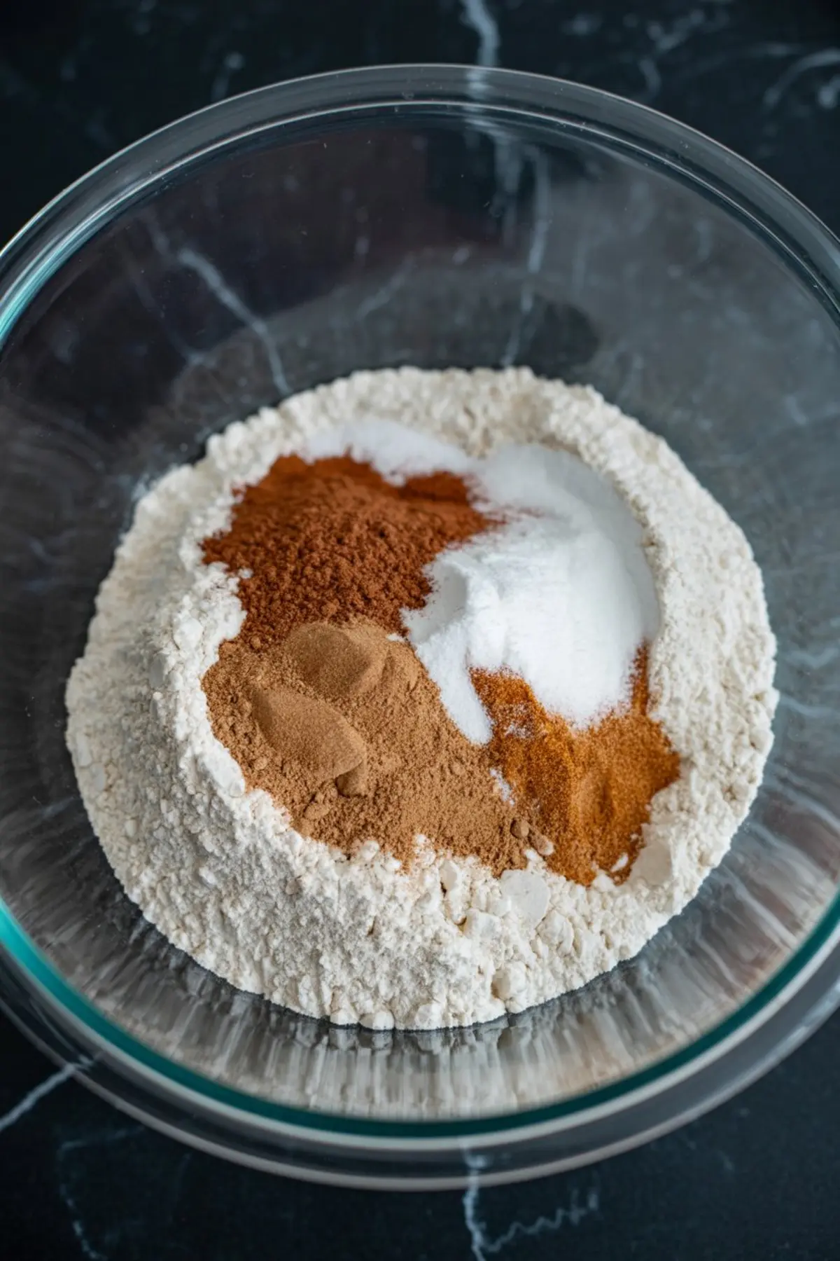 Mixing bowl filled with flour, baking soda, salt, and fall spices such as cinnamon, nutmeg, and ginger, arranged in piles before blending.