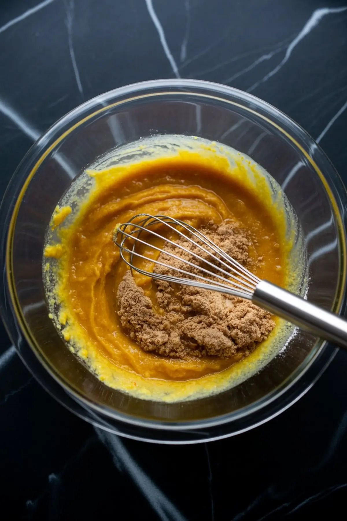 Whisk resting in a bowl of creamy pumpkin mixture blended with brown sugar and butter, ready for more ingredients.