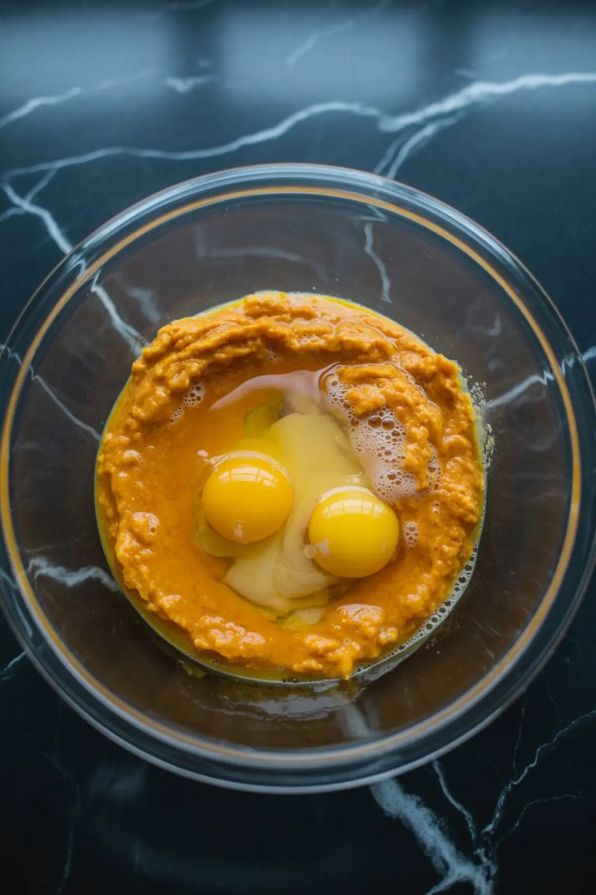 Whole eggs added to a pumpkin batter in a glass bowl, showing the early stage of wet ingredient mixing on a black marble counter.