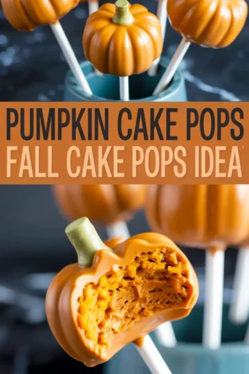 Pumpkin-shaped cake pops with an orange candy coating and green candy stems displayed in a teal cup, with one bitten open showing moist pumpkin cake inside.