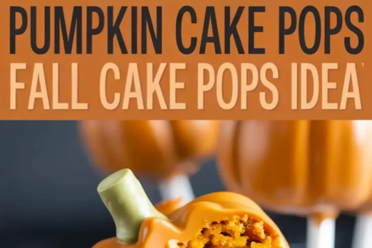 Pumpkin-shaped cake pops with an orange candy coating and green candy stems displayed in a teal cup, with one bitten open showing moist pumpkin cake inside.