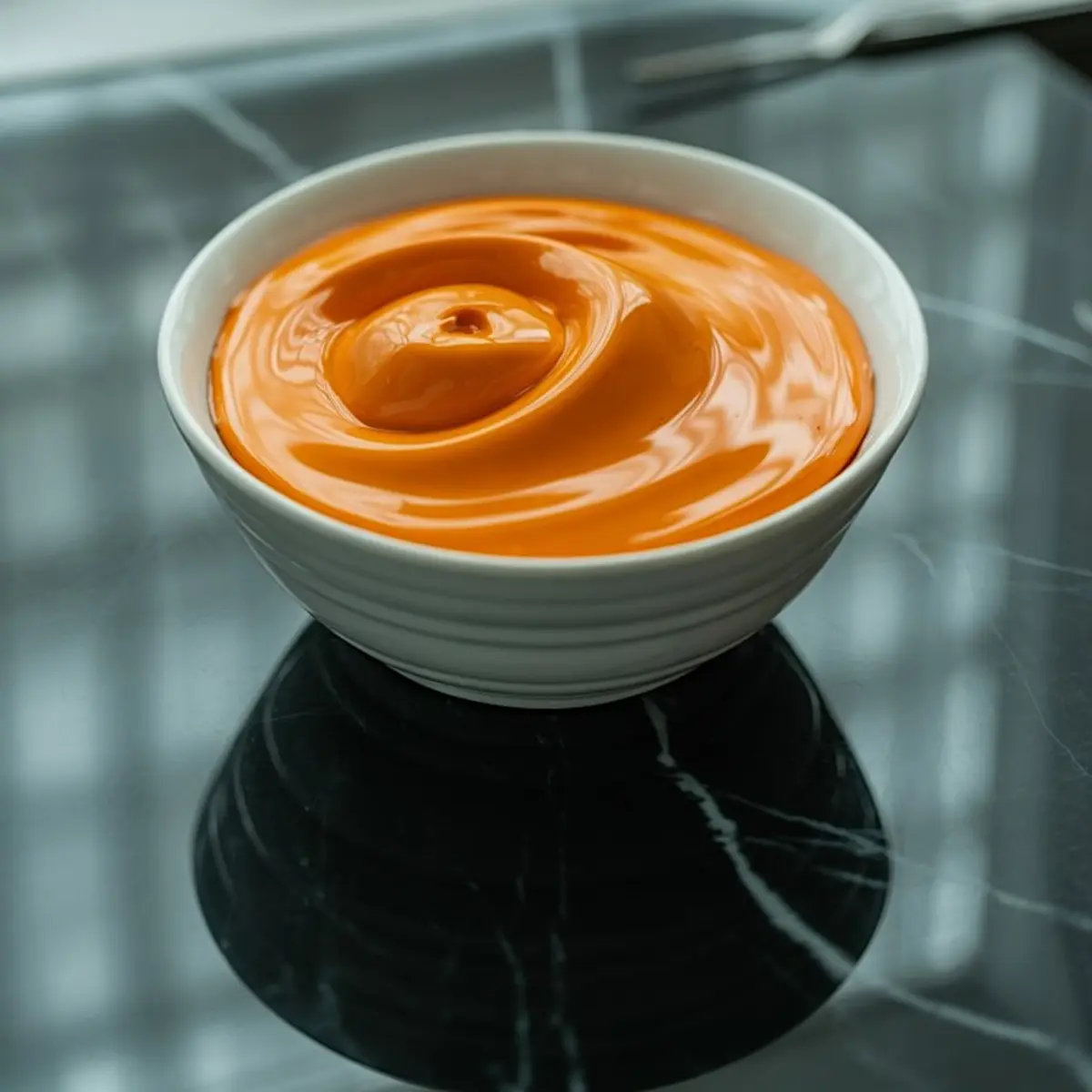 Smooth and glossy bowl of orange candy melts in a white ceramic bowl on a reflective black marble surface, ideal for cake pop coating or dessert decorating.
