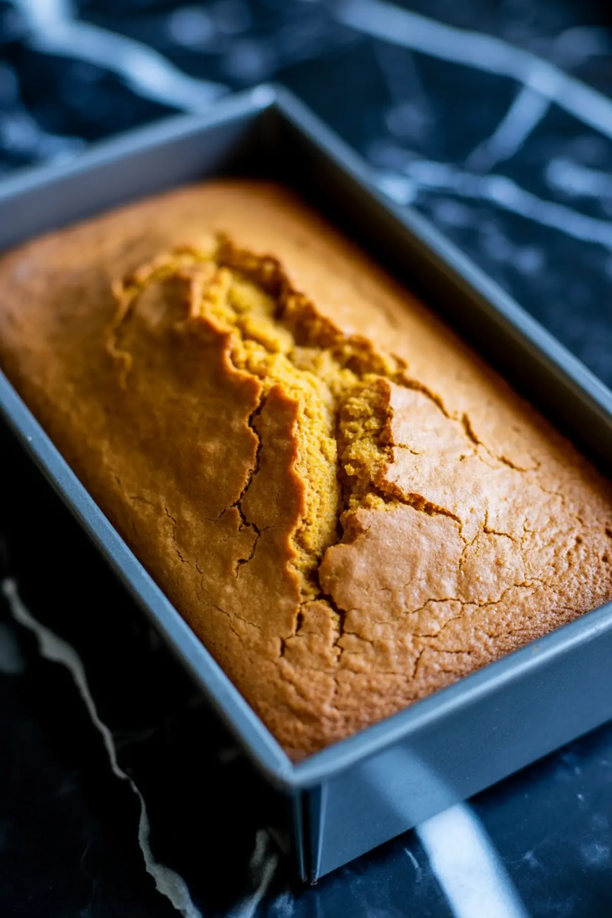 Golden-brown baked pumpkin loaf cake with a cracked top in a non-stick metal baking pan, placed on a dark marble countertop.