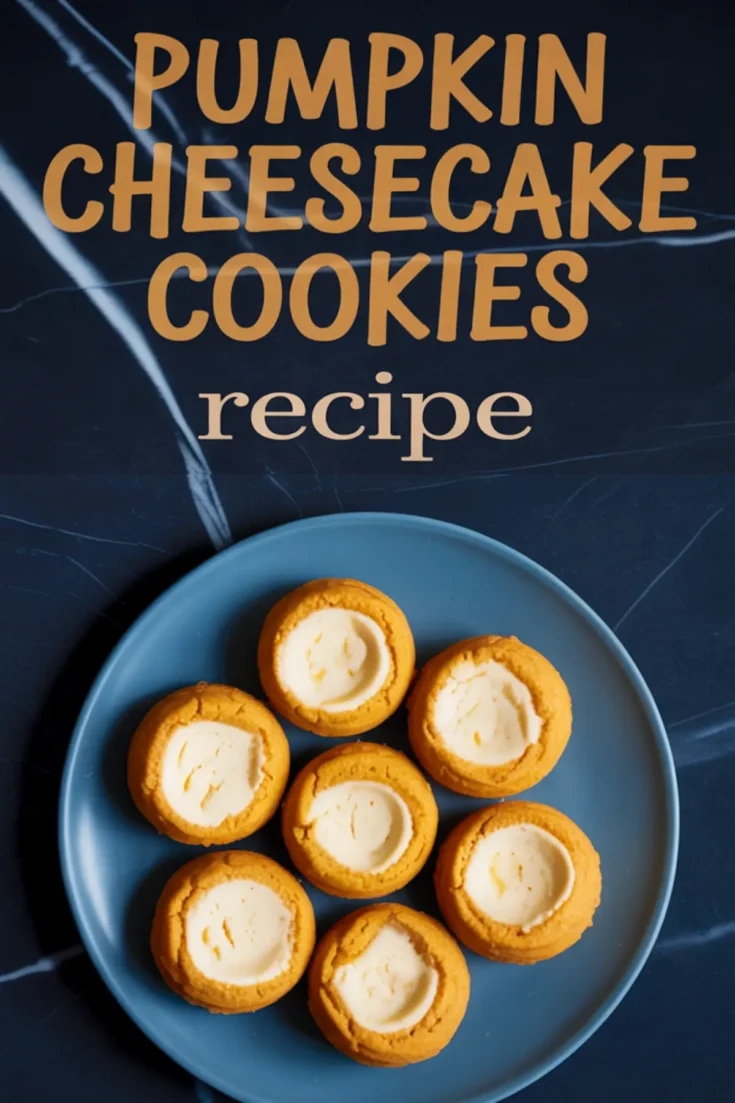 Collage with a flat lay of seven pumpkin cheesecake cookies on a blue plate, topped with a bold “Pumpkin Cheesecake Cookies recipe” text overlay.