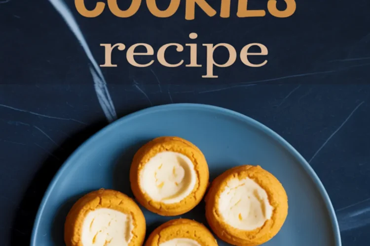 Collage with a flat lay of seven pumpkin cheesecake cookies on a blue plate, topped with a bold “Pumpkin Cheesecake Cookies recipe” text overlay.