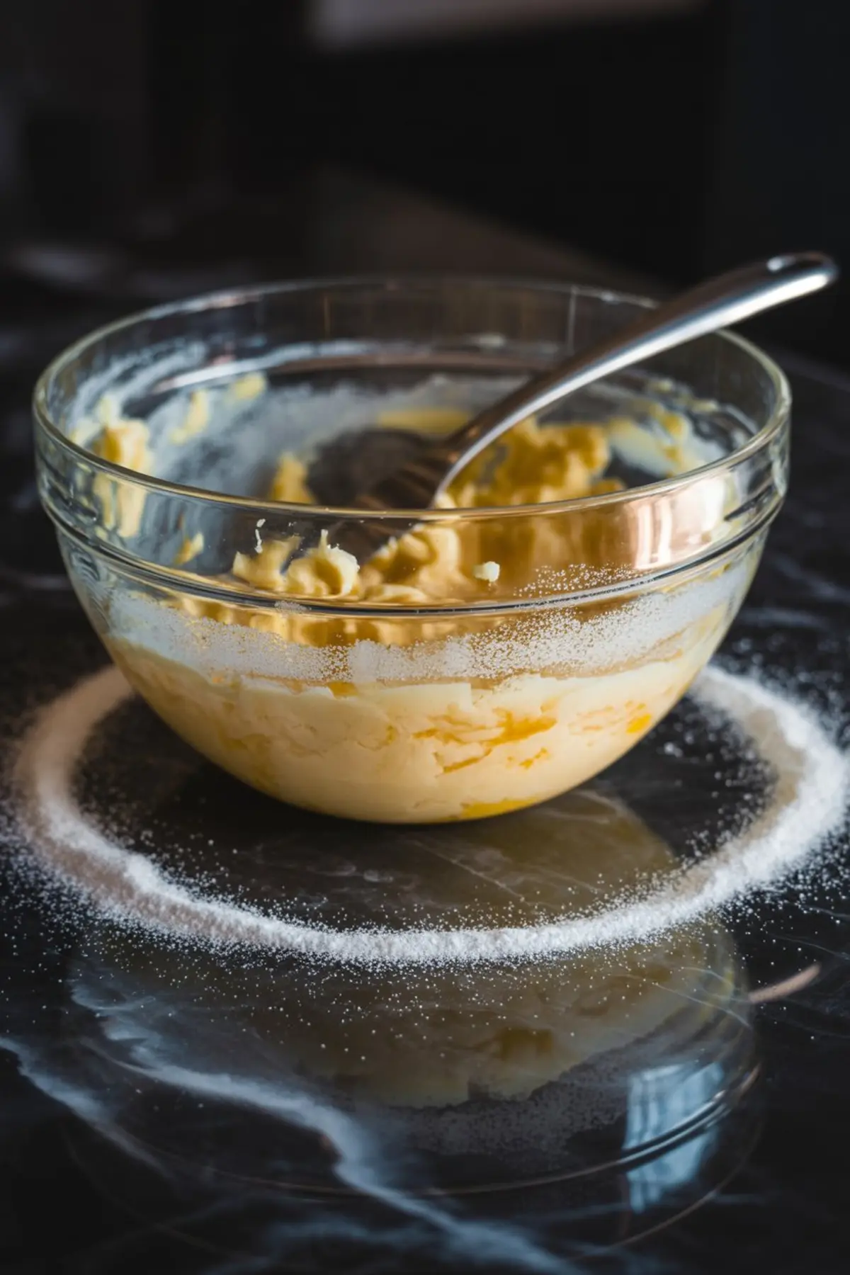 Glass bowl filled with creamy cookie dough, with a metal spoon resting inside, placed on a black countertop sprinkled with a circle of flour or sugar.

