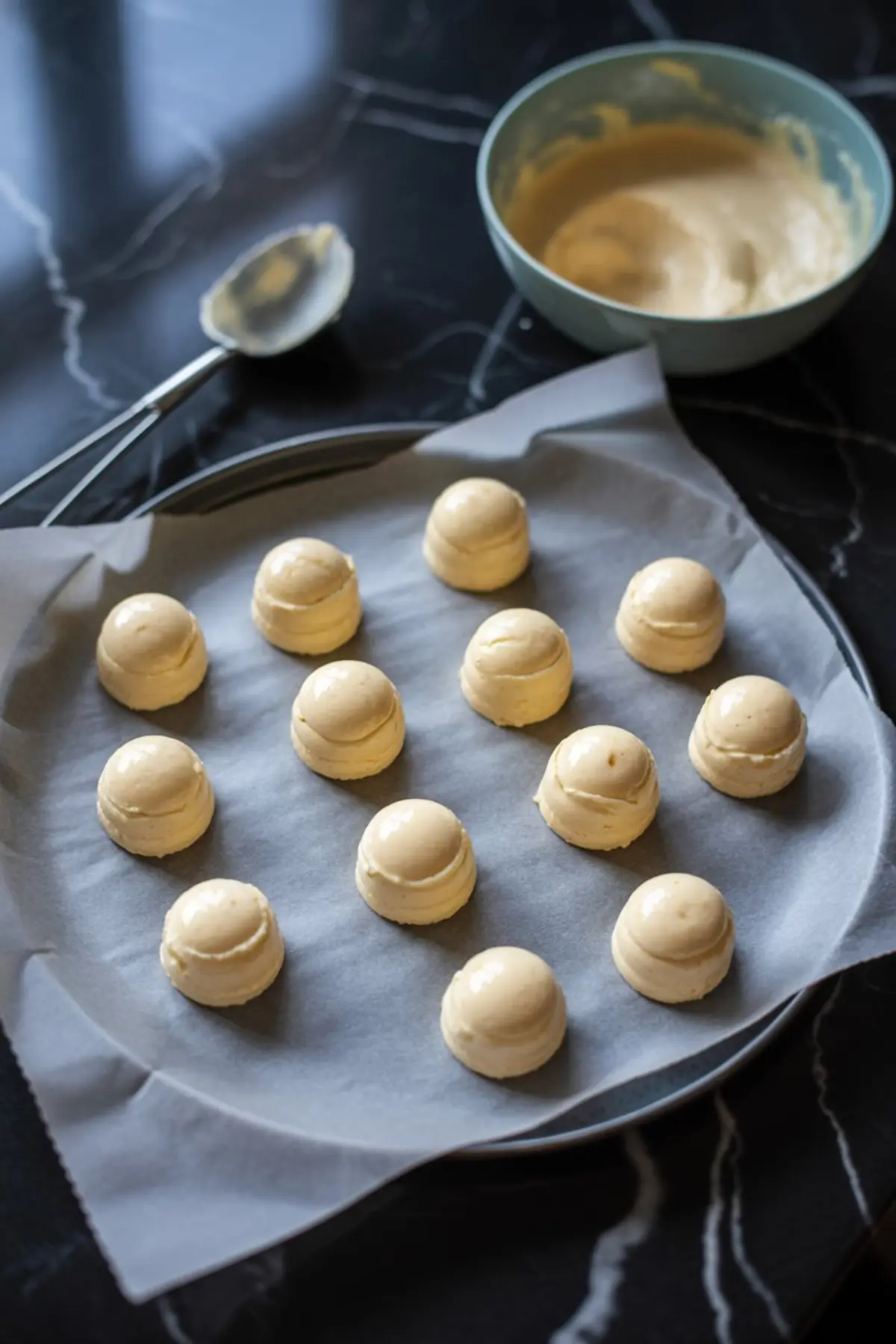 Raw cookie dough balls portioned evenly on a parchment-lined baking tray, with a bowl of leftover batter and a cookie scoop in the background.
