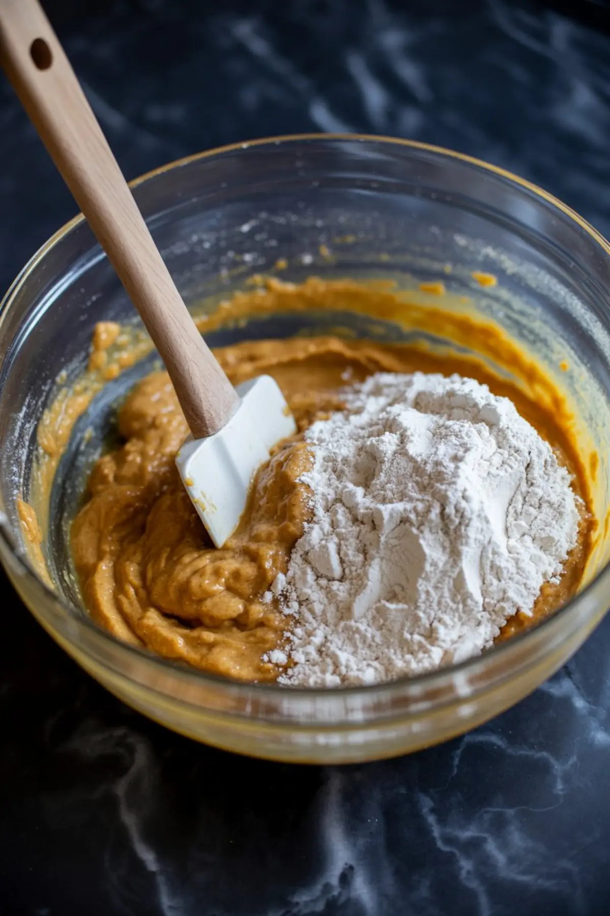 Pumpkin cookie batter in a mixing bowl, partially blended with a mound of flour on top, and a white silicone spatula resting inside.
