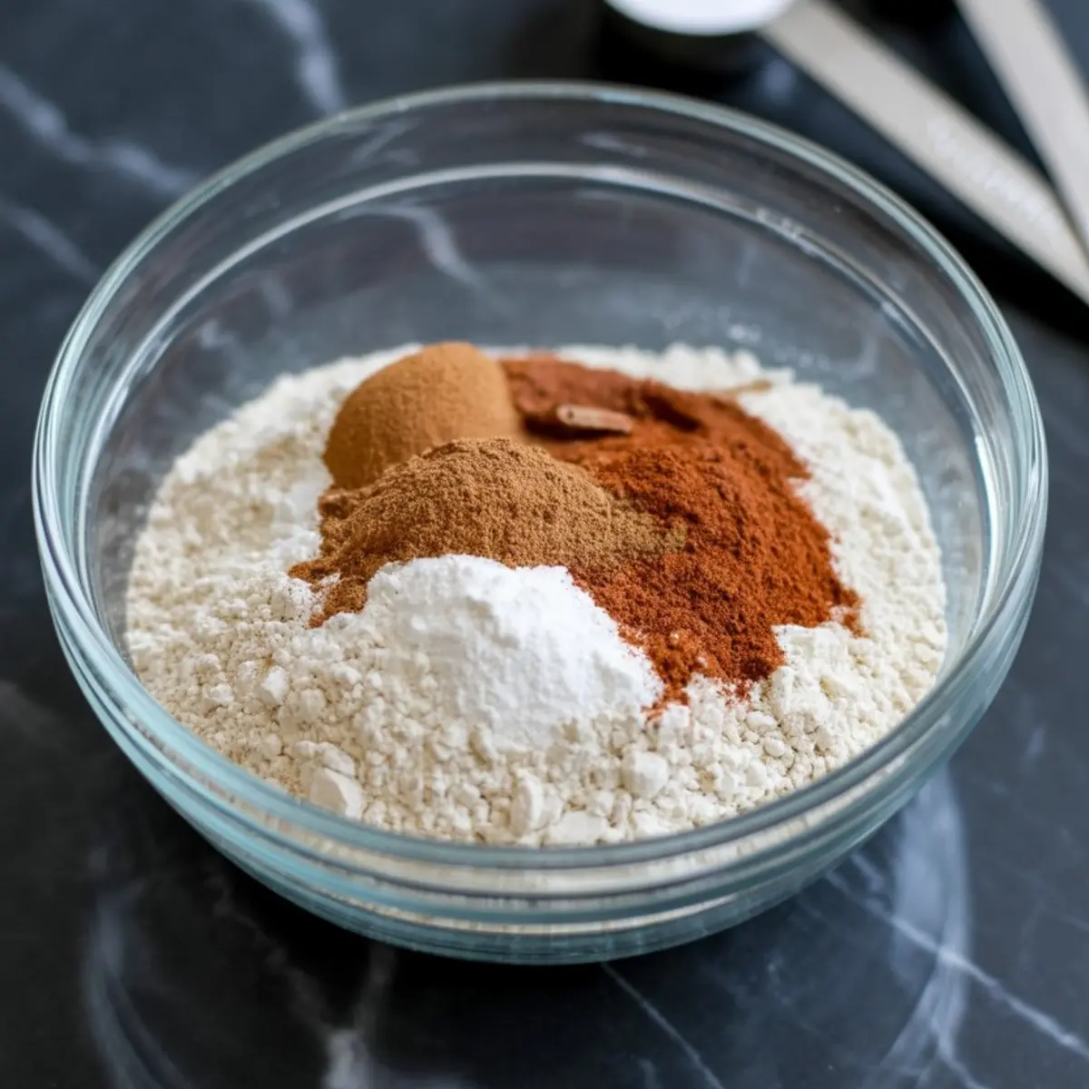 Glass bowl with flour, cinnamon, nutmeg, baking powder, and other dry ingredients arranged in small piles before mixing.

