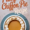 Overhead view of a finished pumpkin chiffon pie on a blue cake stand, topped with piped whipped cream and a sprinkle of cinnamon, with “Pumpkin Chiffon Pie Recipe” text overlay in bold fonts.