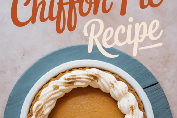 Overhead view of a finished pumpkin chiffon pie on a blue cake stand, topped with piped whipped cream and a sprinkle of cinnamon, with “Pumpkin Chiffon Pie Recipe” text overlay in bold fonts.