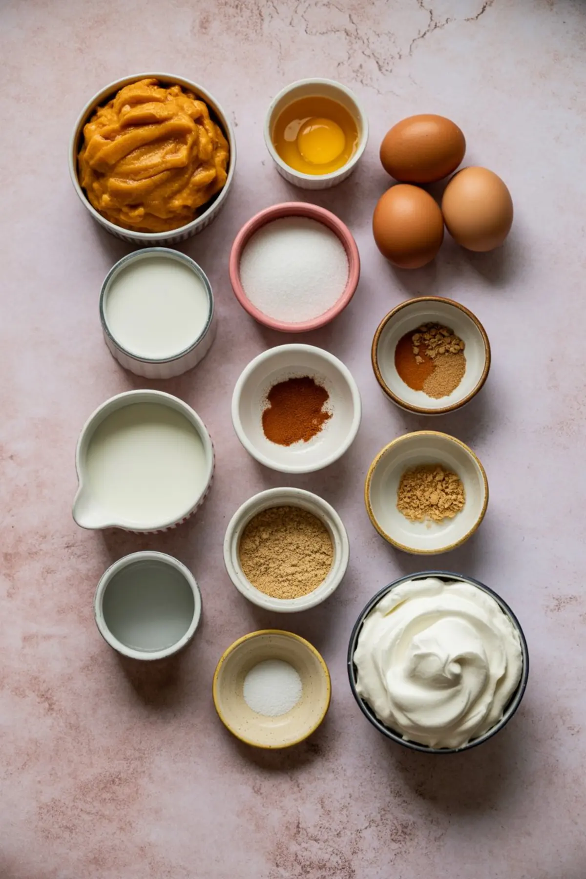 Flat lay of ingredients for a pumpkin chiffon pie recipe, including pumpkin puree, eggs, sugar, milk, spices like cinnamon and ginger, whipped cream, and gelatin in ceramic bowls on a light pink surface.
