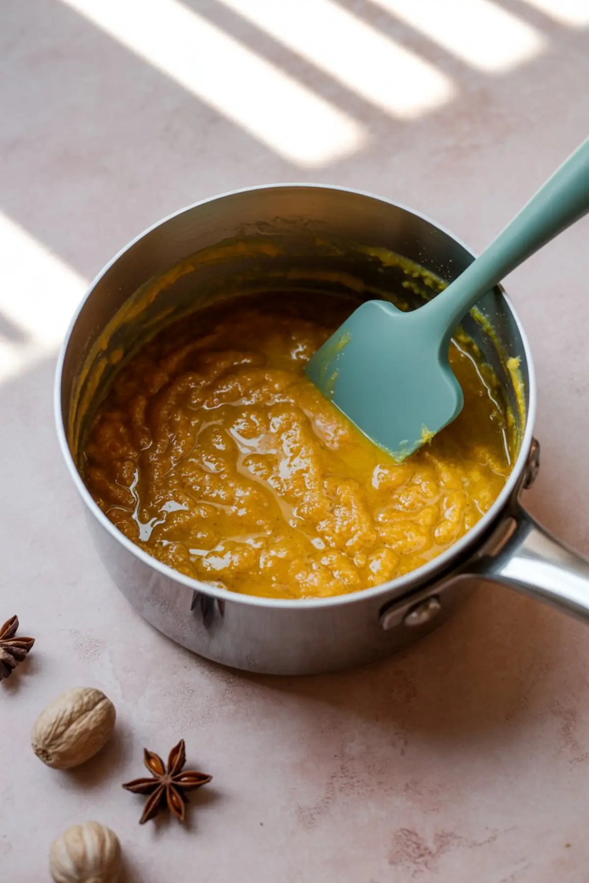 Cooked pumpkin mixture in a stainless steel saucepan with a blue spatula, placed on a light pink surface with star anise and nutmeg scattered nearby.
