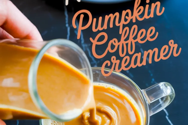 Homemade pumpkin coffee creamer being poured into a glass mug of coffee, with text overlay reading “Homemade Pumpkin Coffee Creamer.”