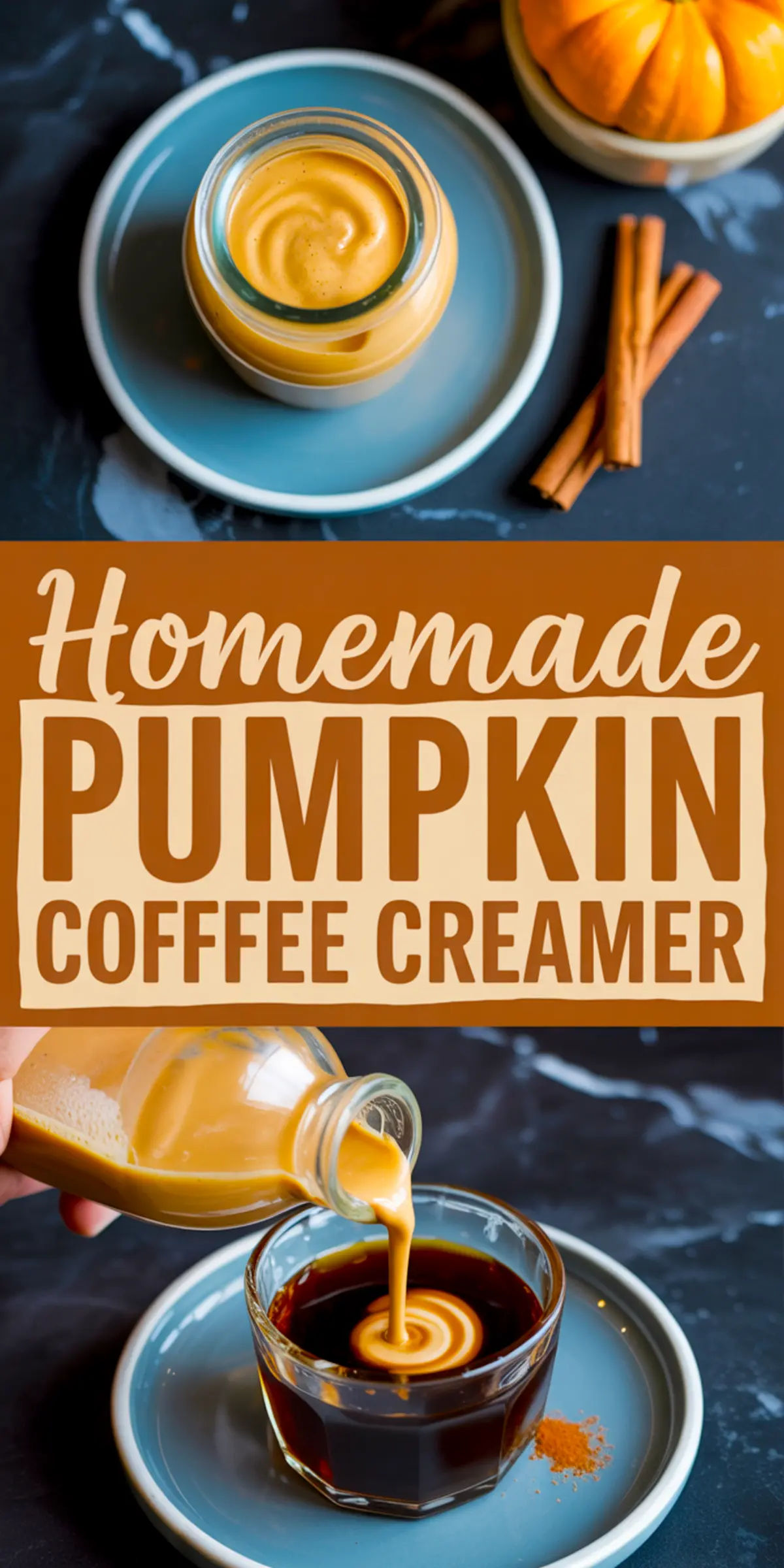 Collage of homemade pumpkin coffee creamer in a glass jar and poured into black coffee, with cinnamon sticks and a small pumpkin for decoration.