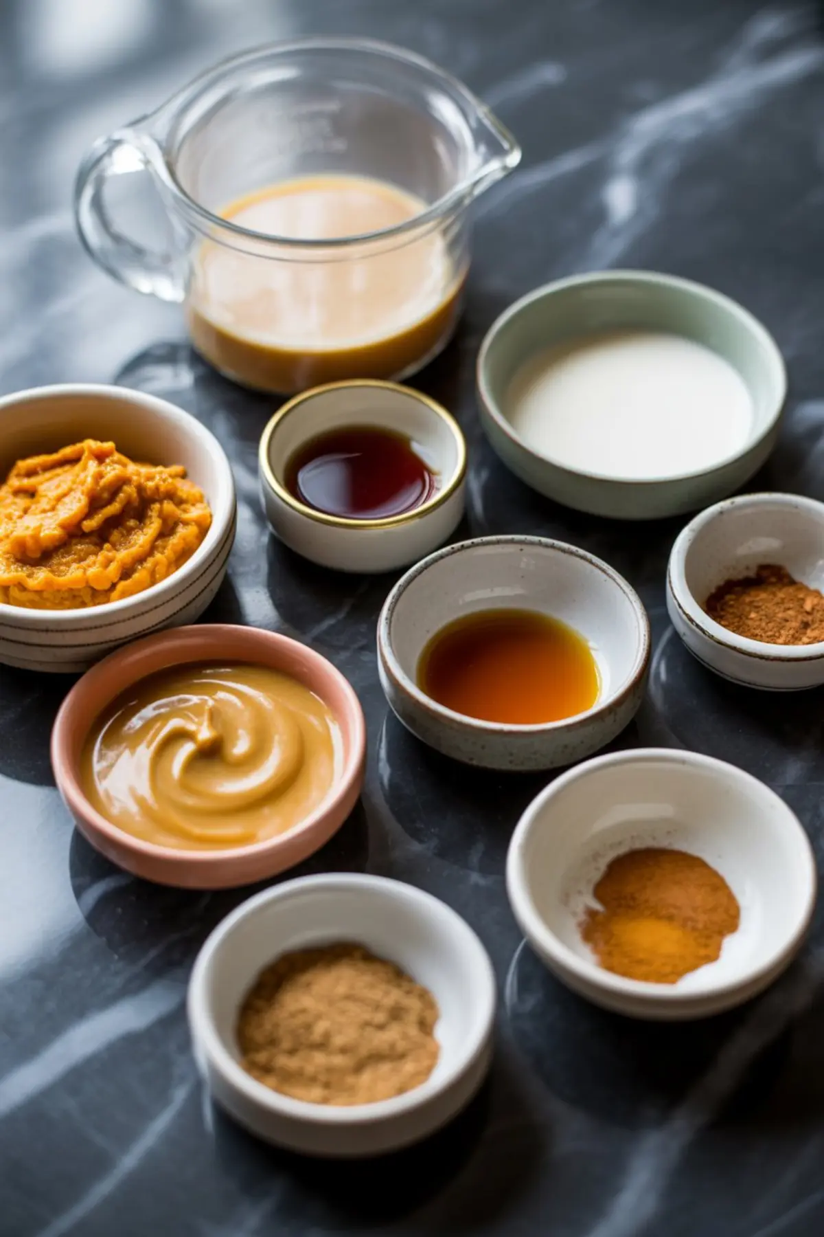 Overhead view of small bowls filled with pumpkin puree, honey, vanilla extract, milk, maple syrup, and spices for homemade pumpkin coffee creamer.