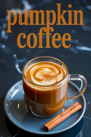 Pumpkin coffee in a clear glass mug topped with swirled cream and sprinkled cinnamon, served on a gray saucer with cinnamon sticks, with “pumpkin coffee” text in bold lettering above.