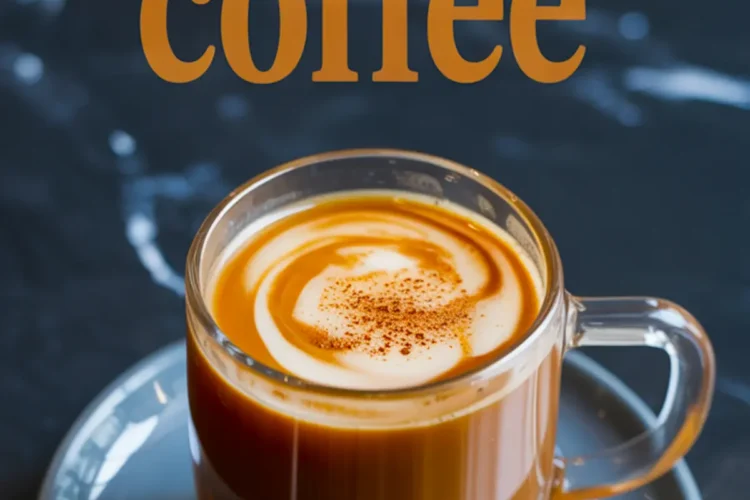 Pumpkin coffee in a clear glass mug topped with swirled cream and sprinkled cinnamon, served on a gray saucer with cinnamon sticks, with “pumpkin coffee” text in bold lettering above.