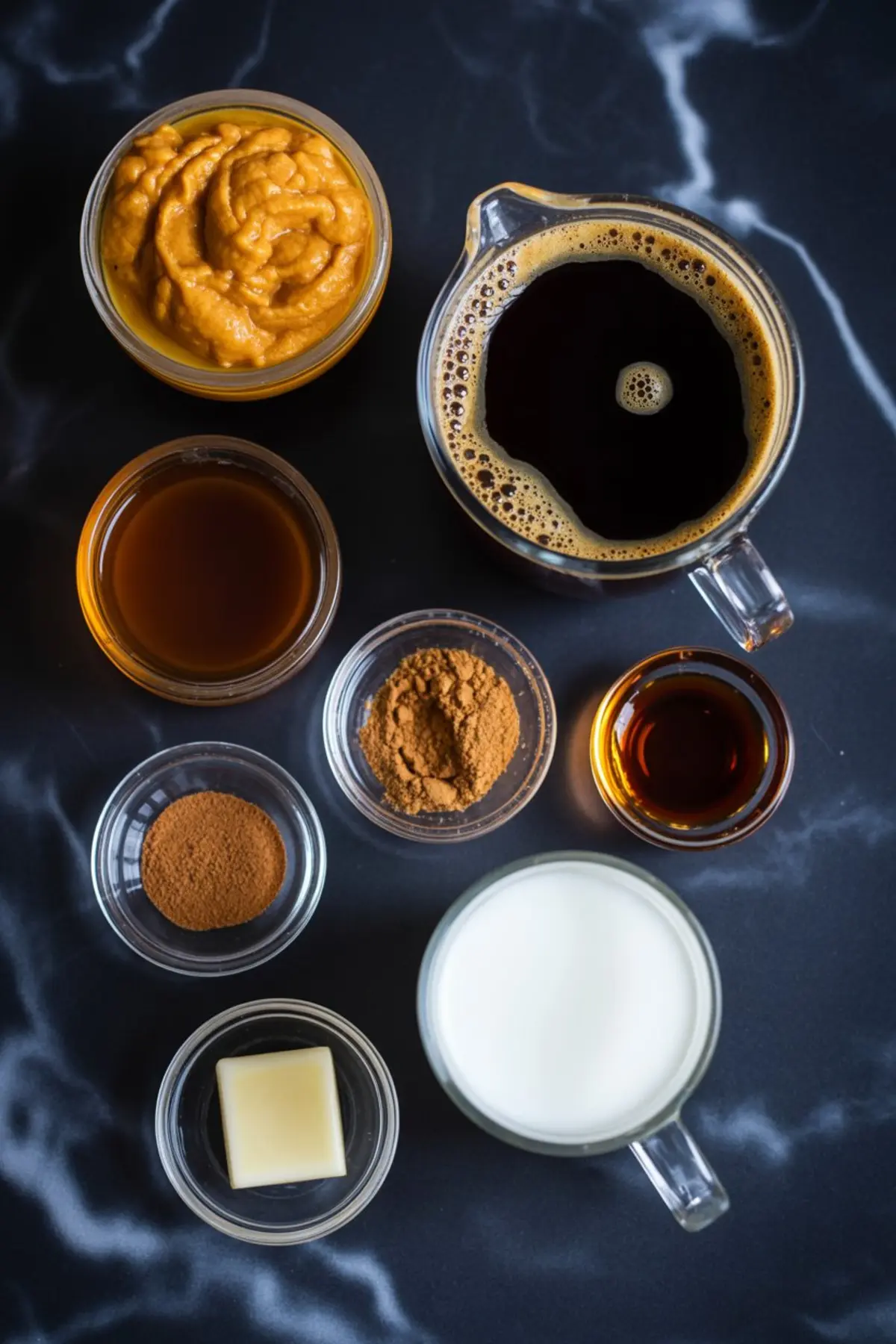 Flat lay of pumpkin coffee ingredients on dark marble, including black coffee, pumpkin purée, milk, maple syrup, cinnamon, nutmeg, vanilla extract, pumpkin spice, and a cube of butter.
