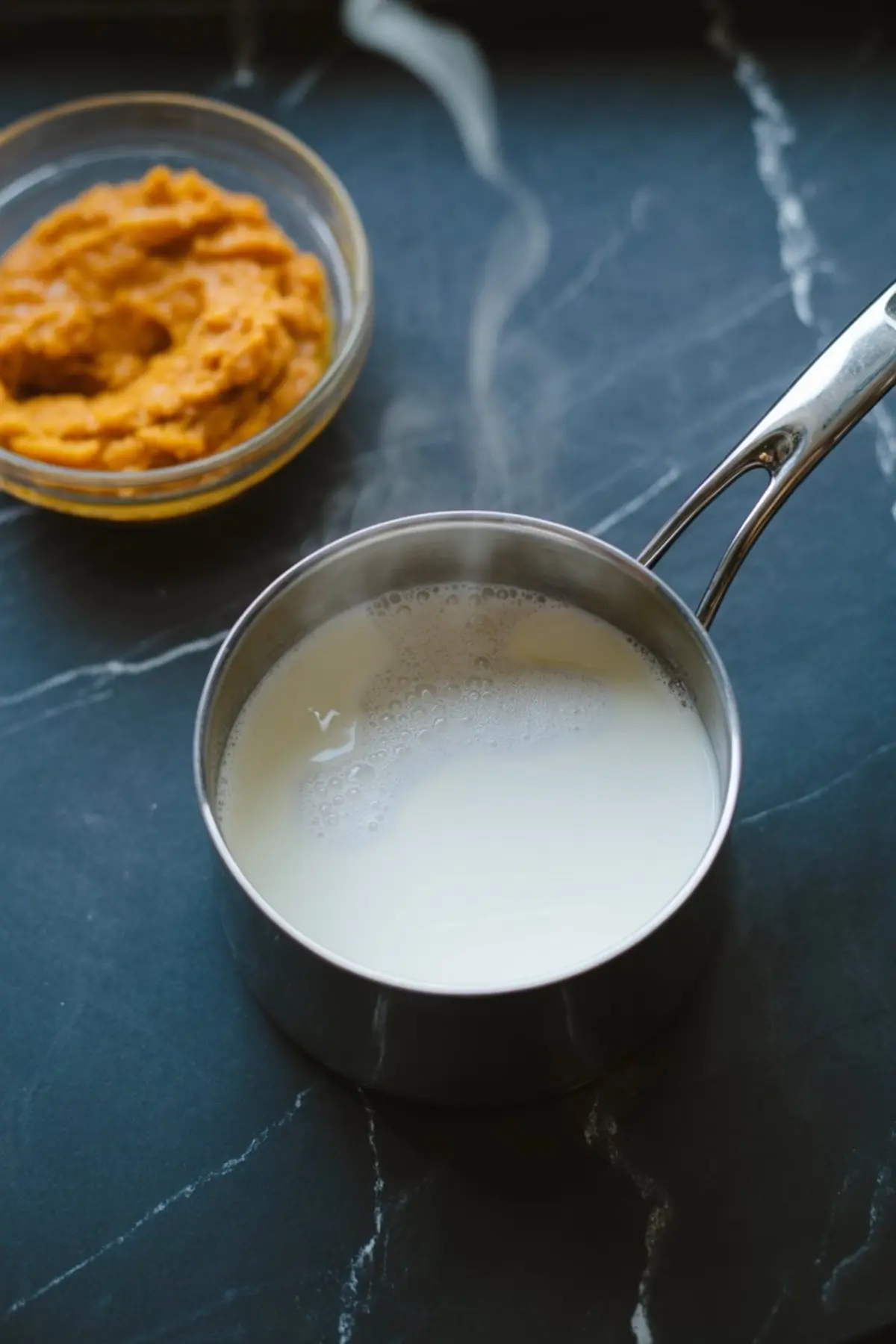 Steaming milk in a stainless steel saucepan next to a small bowl of pumpkin purée on a dark marble countertop.
