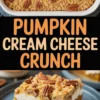 Top and bottom collage showing baked pumpkin cream cheese crunch dessert in a white dish, and a close-up of a sliced bar with creamy layers, crumbly topping, and pecans, labeled with bold pumpkin cream cheese crunch text. Top and bottom collage showing baked pumpkin cream cheese crunch dessert in a white dish, and a close-up of a sliced bar with creamy layers, crumbly topping, and pecans, labeled with bold pumpkin cream cheese crunch text. Top and bottom collage showing baked pumpkin cream cheese crunch dessert in a white dish, and a close-up of a sliced bar with creamy layers, crumbly topping, and pecans, labeled with bold pumpkin cream cheese crunch text.