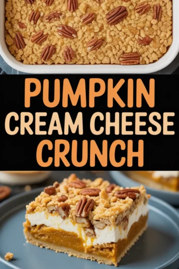 Top and bottom collage showing baked pumpkin cream cheese crunch dessert in a white dish, and a close-up of a sliced bar with creamy layers, crumbly topping, and pecans, labeled with bold pumpkin cream cheese crunch text. Top and bottom collage showing baked pumpkin cream cheese crunch dessert in a white dish, and a close-up of a sliced bar with creamy layers, crumbly topping, and pecans, labeled with bold pumpkin cream cheese crunch text. Top and bottom collage showing baked pumpkin cream cheese crunch dessert in a white dish, and a close-up of a sliced bar with creamy layers, crumbly topping, and pecans, labeled with bold pumpkin cream cheese crunch text.