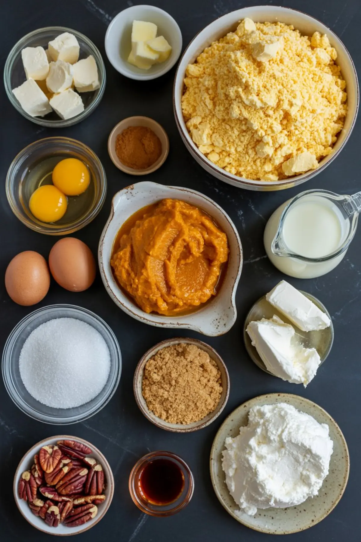 Flat lay of ingredients for pumpkin cream cheese crunch bars including pumpkin puree, eggs, butter, sugar, spices, cake mix, pecans, cream cheese, and vanilla extract.