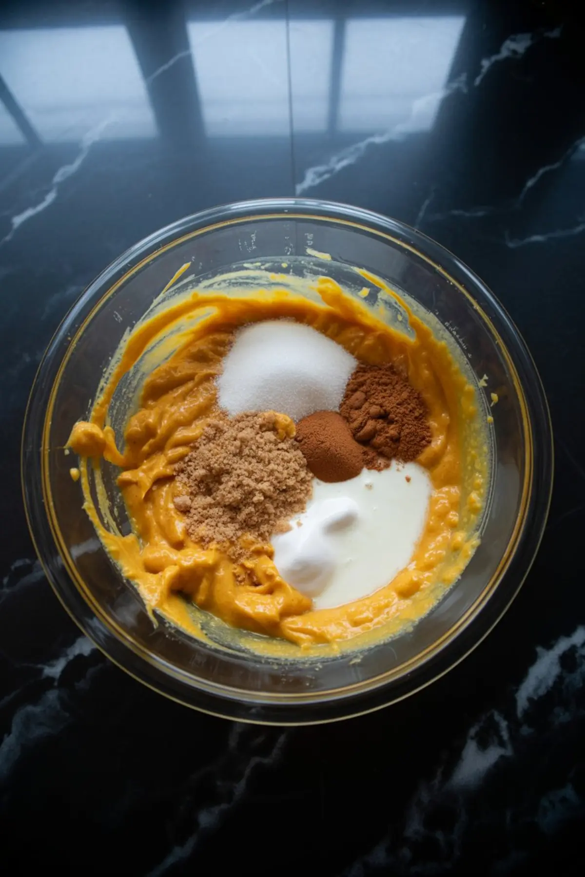 Glass mixing bowl filled with pumpkin puree, brown sugar, granulated sugar, cinnamon, nutmeg, and yogurt on a dark marble countertop.