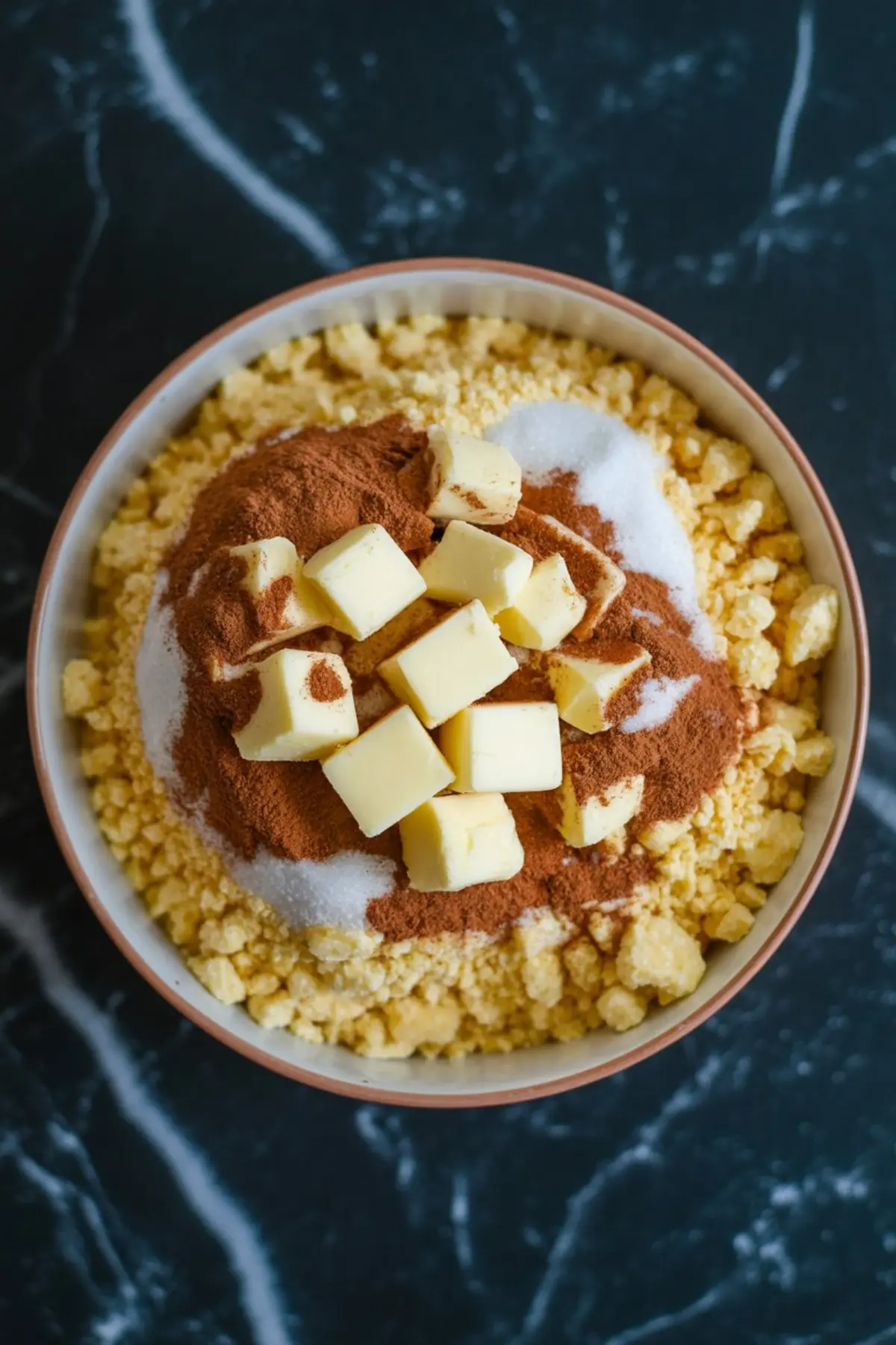Bowl of dry cake mix with cubed butter, sugar, and a generous amount of cinnamon, prepared for a pumpkin dessert crumble topping.
