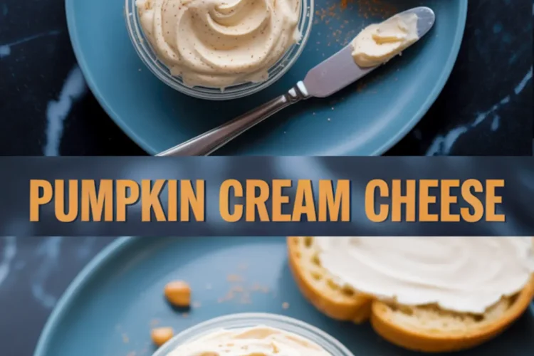 Collage showing pumpkin cream cheese spread in a swirl pattern, served with toasted bread and a knife on a blue plate. Caption reads “Pumpkin Cream Cheese,” emphasizing cozy fall food styling and creamy texture.
