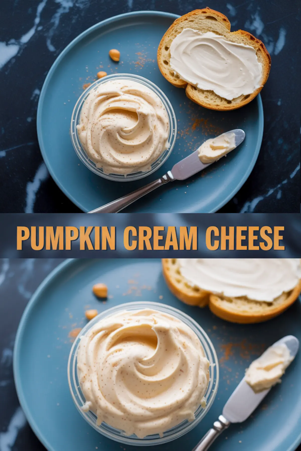 Collage showing pumpkin cream cheese spread in a swirl pattern, served with toasted bread and a knife on a blue plate. Caption reads “Pumpkin Cream Cheese,” emphasizing cozy fall food styling and creamy texture.