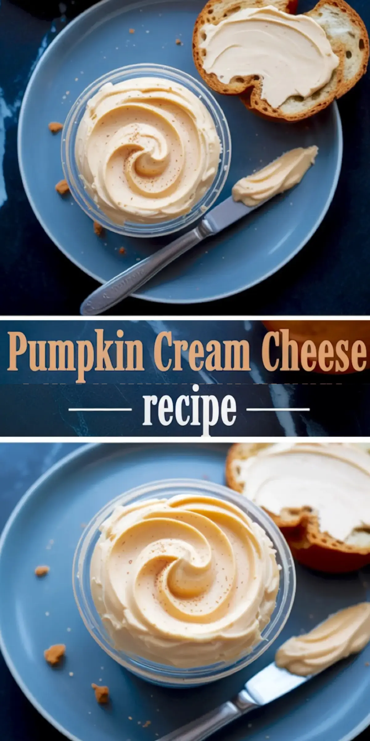 Top-down collage showing a swirl of pumpkin cream cheese in a glass bowl, spread on rustic bread, with a caption reading “Pumpkin Cream Cheese Recipe.” Creamy orange-toned spread is featured on a blue plate with crumbs and a butter knife, styled for fall breakfast or snack ideas.
