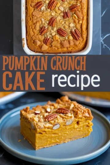 Pinterest-optimized collage of baked pumpkin crunch cake in a white pan topped with pecans and a single plated slice, showcasing the moist pumpkin filling and crunchy topping.