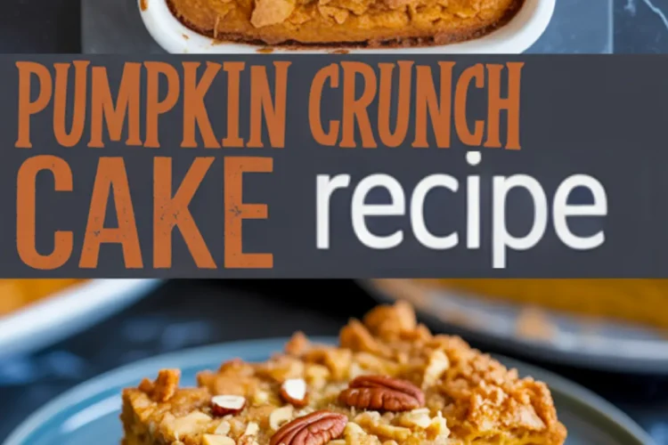 Pinterest-optimized collage of baked pumpkin crunch cake in a white pan topped with pecans and a single plated slice, showcasing the moist pumpkin filling and crunchy topping.