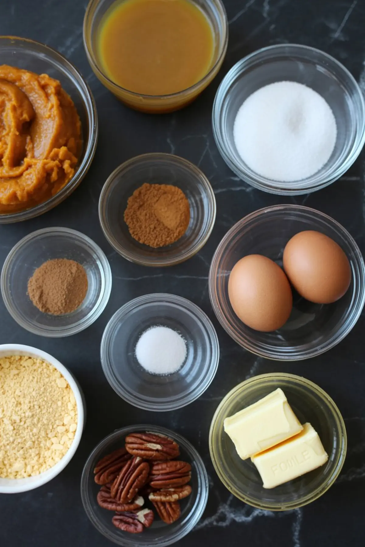 Overhead shot of measured ingredients for pumpkin crunch cake arranged on a dark countertop, including canned pumpkin, eggs, sugar, butter, evaporated milk, pecans, cornbread mix, cinnamon, nutmeg, and salt.