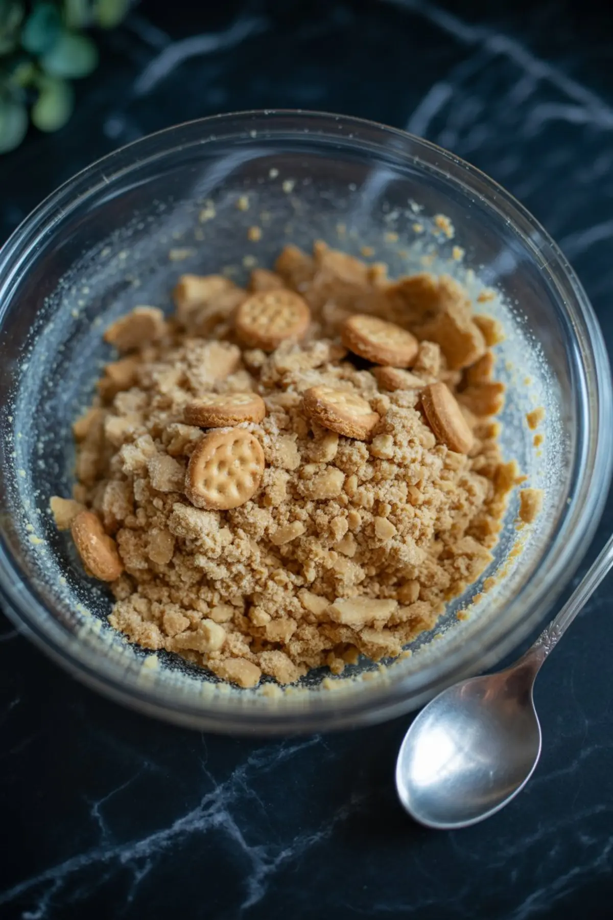Crushed graham crackers mixed with cornbread mix in a glass bowl, forming a crumbly dry topping base for pumpkin crunch cake, with a spoon resting on the side.