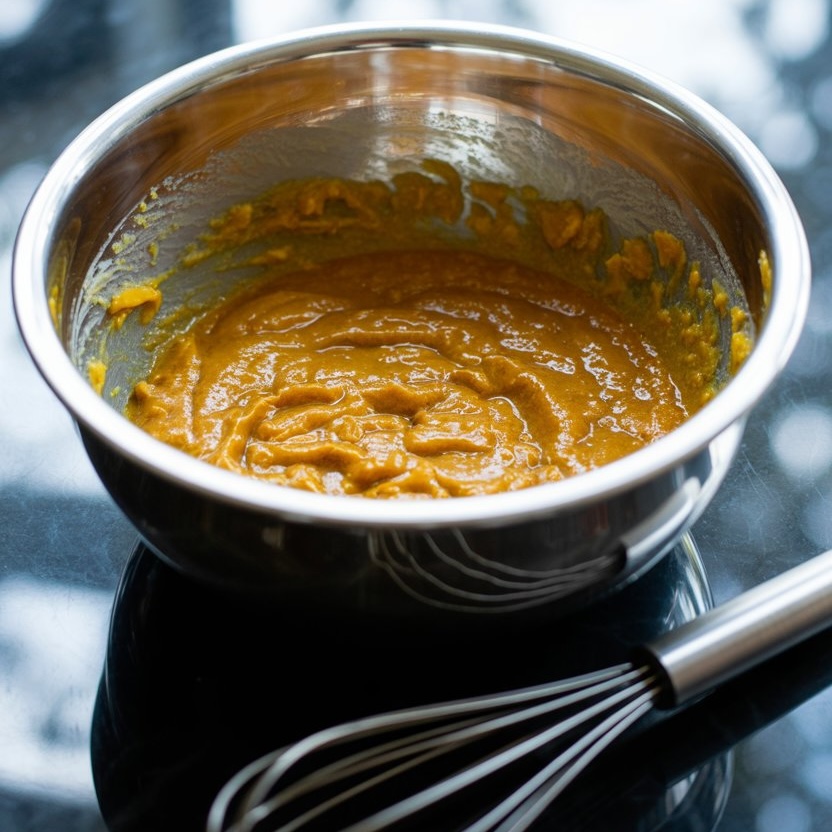Thick pumpkin batter mixture in a stainless steel mixing bowl, blended smooth with a metal whisk, featuring a creamy orange texture ready for baking.