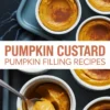 Baked pumpkin custard served in white ramekins, some topped with cinnamon, with a spoonful showing its creamy texture, captioned “Pumpkin Custard Pumpkin Filling Recipes.”