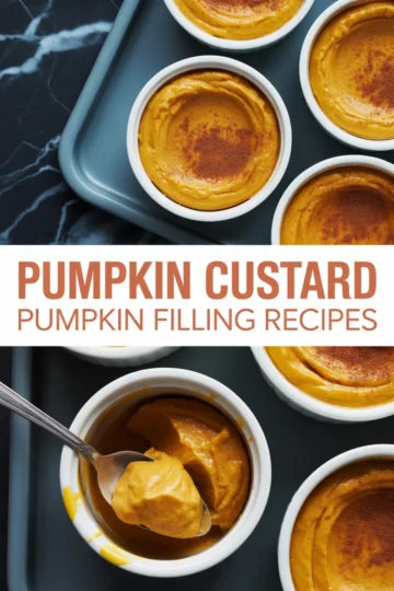 Baked pumpkin custard served in white ramekins, some topped with cinnamon, with a spoonful showing its creamy texture, captioned “Pumpkin Custard Pumpkin Filling Recipes.”