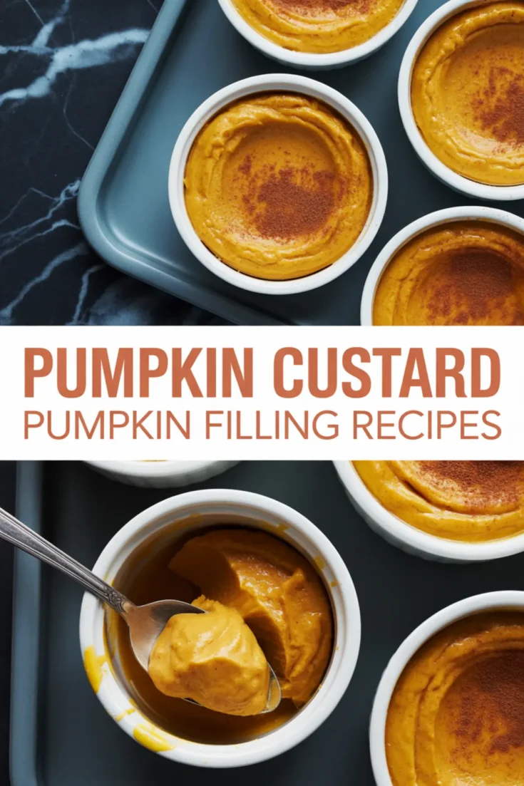 Baked pumpkin custard served in white ramekins, some topped with cinnamon, with a spoonful showing its creamy texture, captioned “Pumpkin Custard Pumpkin Filling Recipes.”
