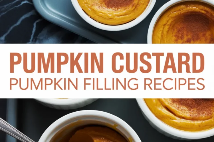 Baked pumpkin custard served in white ramekins, some topped with cinnamon, with a spoonful showing its creamy texture, captioned “Pumpkin Custard Pumpkin Filling Recipes.”