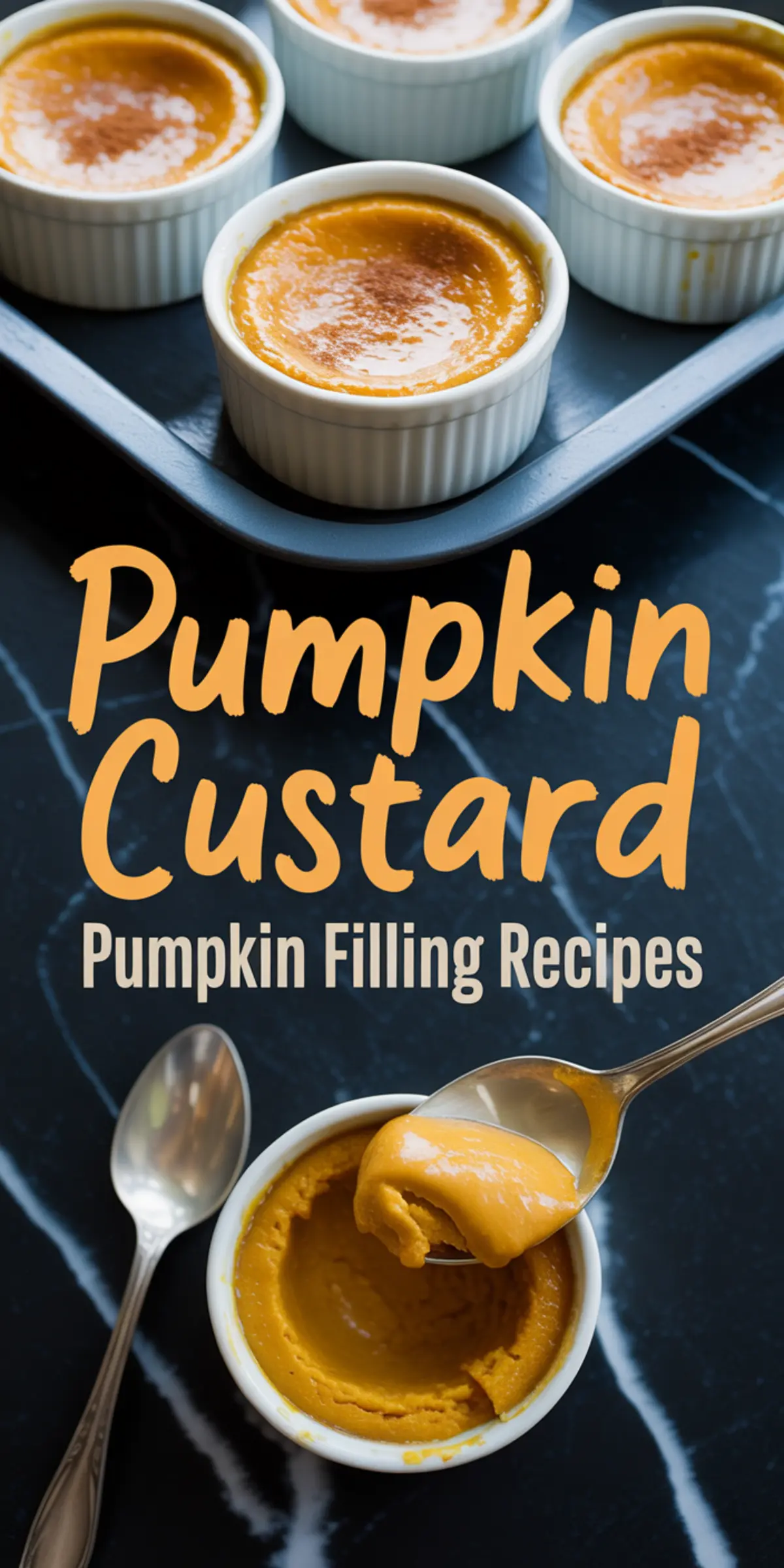 Pumpkin custard baked in white ramekins on a baking tray, with a spoonful of custard scooped out, captioned “Pumpkin Custard Pumpkin Filling Recipes.”