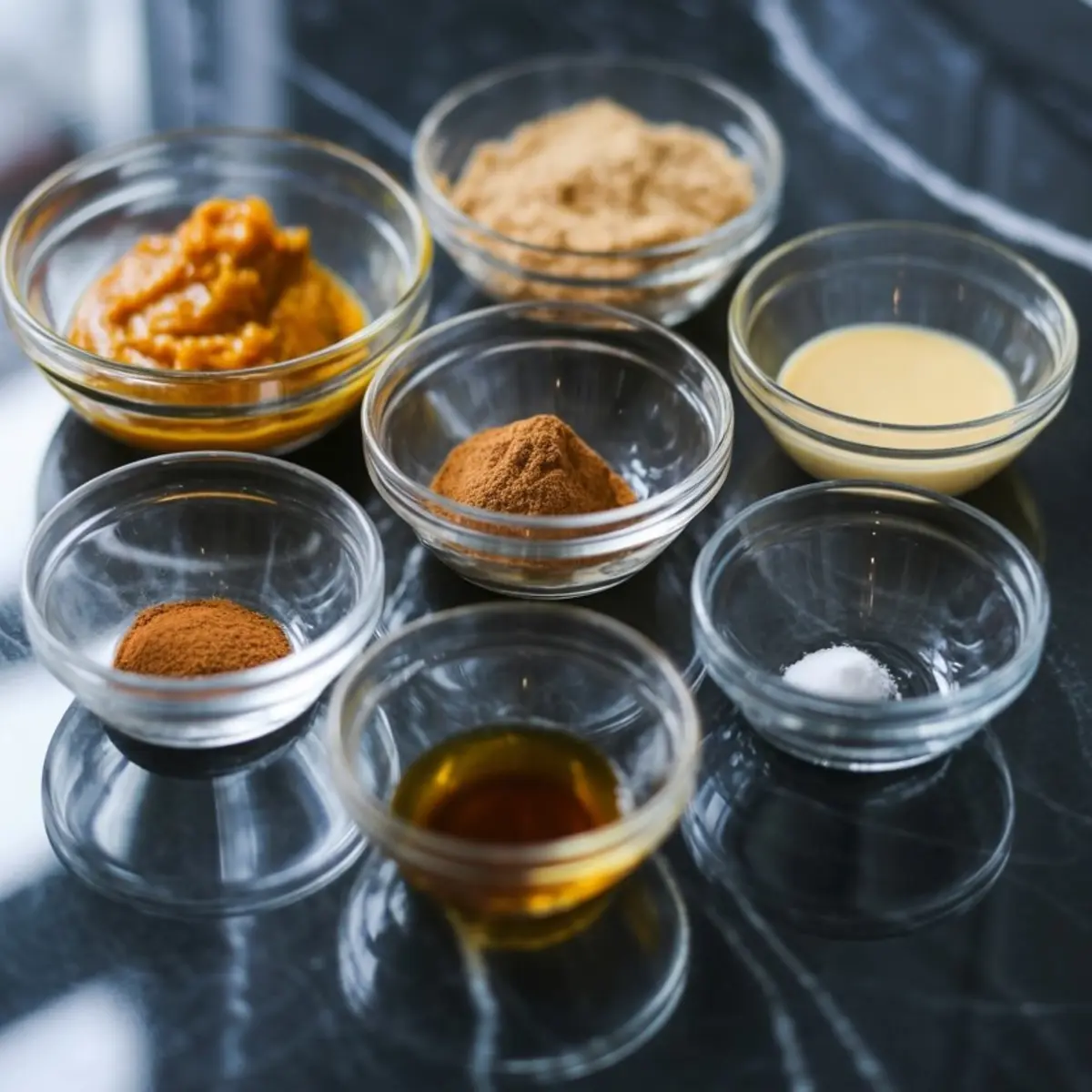 Glass bowls containing pumpkin puree, ground spices, vanilla extract, salt, sweetened condensed milk, and brown sugar arranged neatly on a dark countertop.
