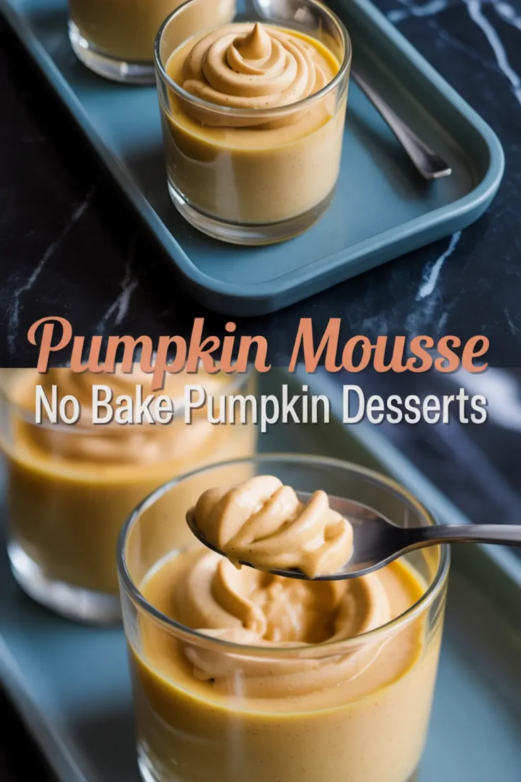 Two-layer collage showing pumpkin mousse in glass cups with a spoonful being served, labeled “Pumpkin Mousse – No Bake Pumpkin Desserts.”